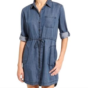 🔥ATHLETA Candid Indigo Chambray‎ Button Up Roll Tab Sleeve Shirt Dress SZ XS